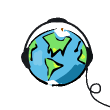 Logo with headphones over a clip-art earth
